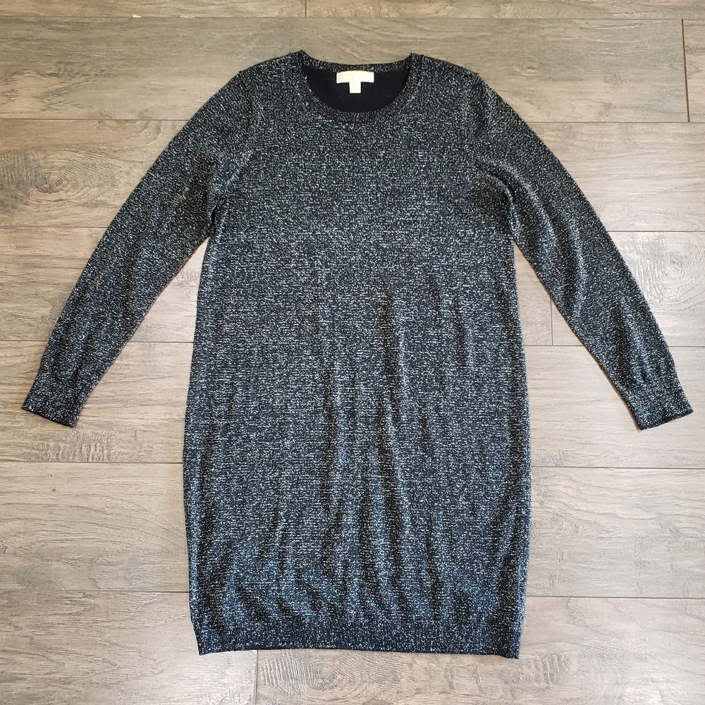 Michael Kors Long Sleeve Shiny Black Metallic Sheath Dress Size XL